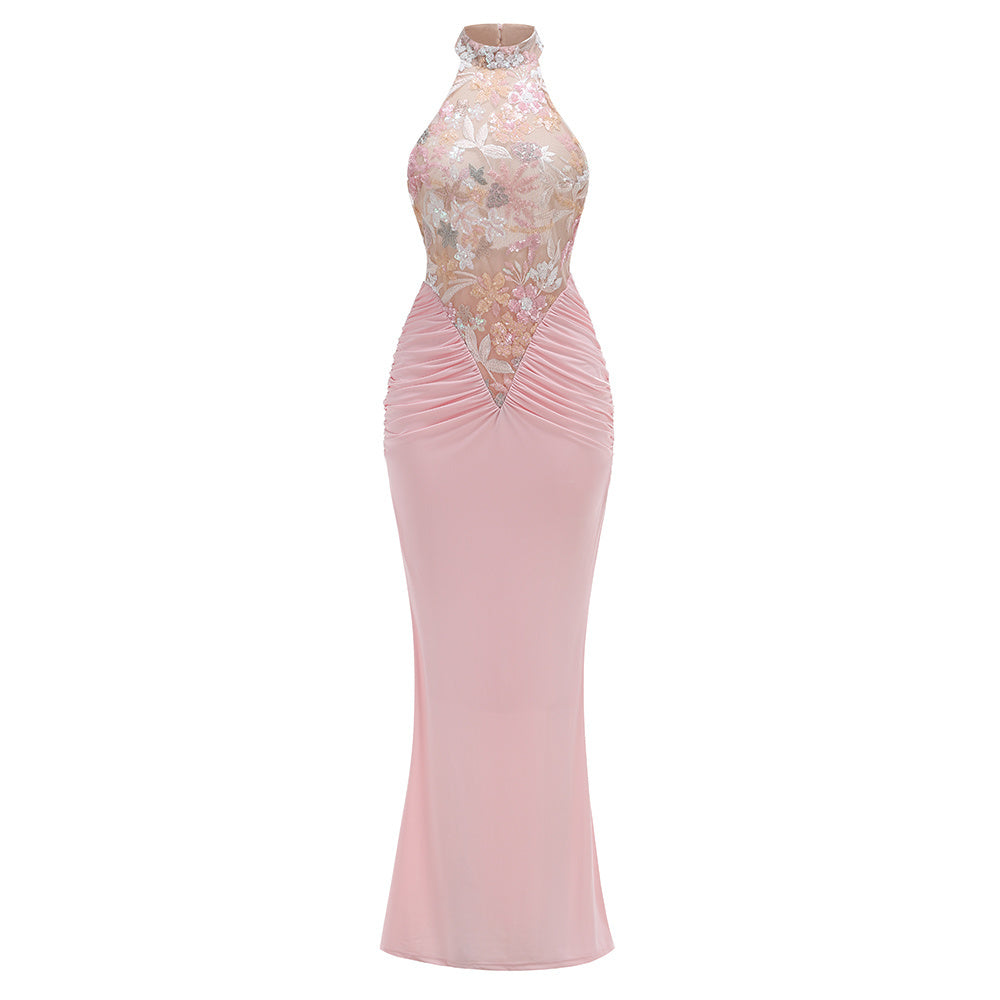 Teal/Pink/Red Halter Neck Floral Sequin Gown