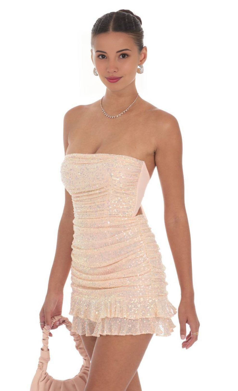 Pleated sequined peach pink skirt, a sweet yet edgy short skirt