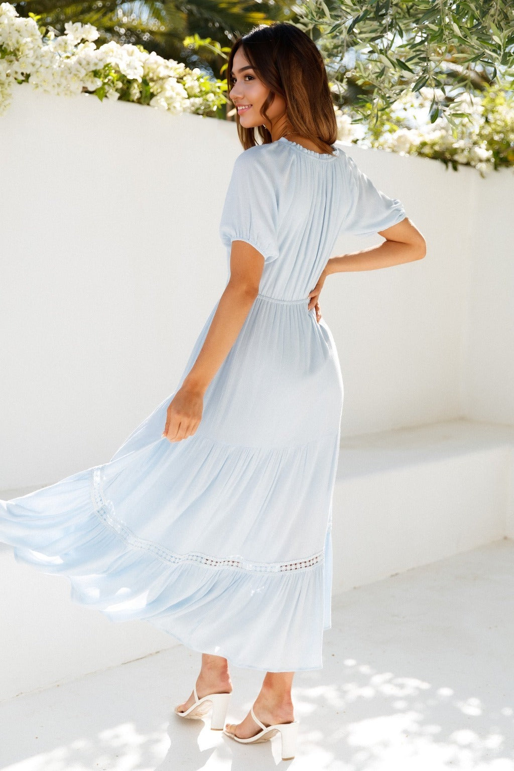 ladiesstreet High Above The Clouds Midi Dress Blue Button front Slip-on style Rayon Elasticised waist Dresses