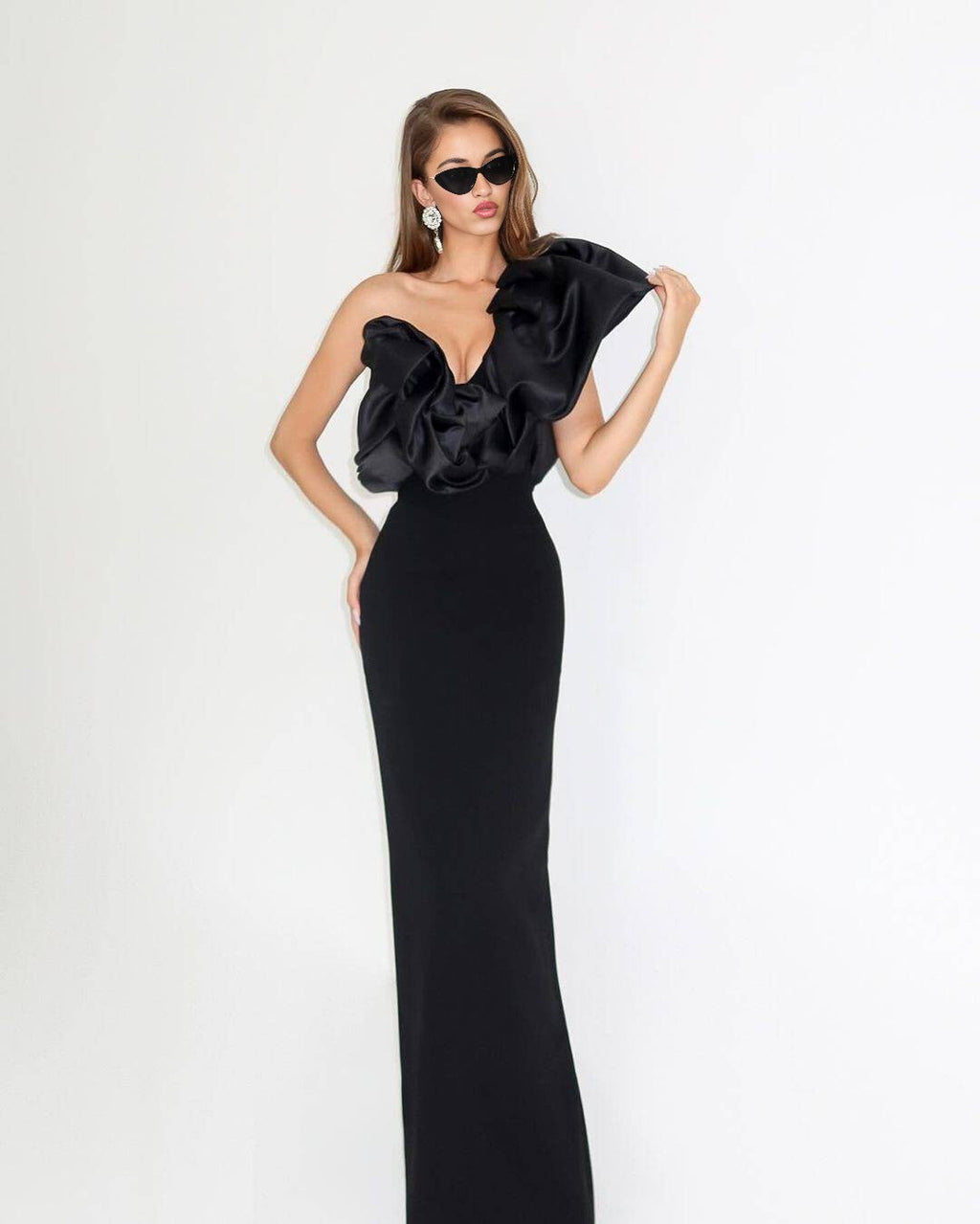 Black Velvet One-Shoulder Oversized Ruffle Gown