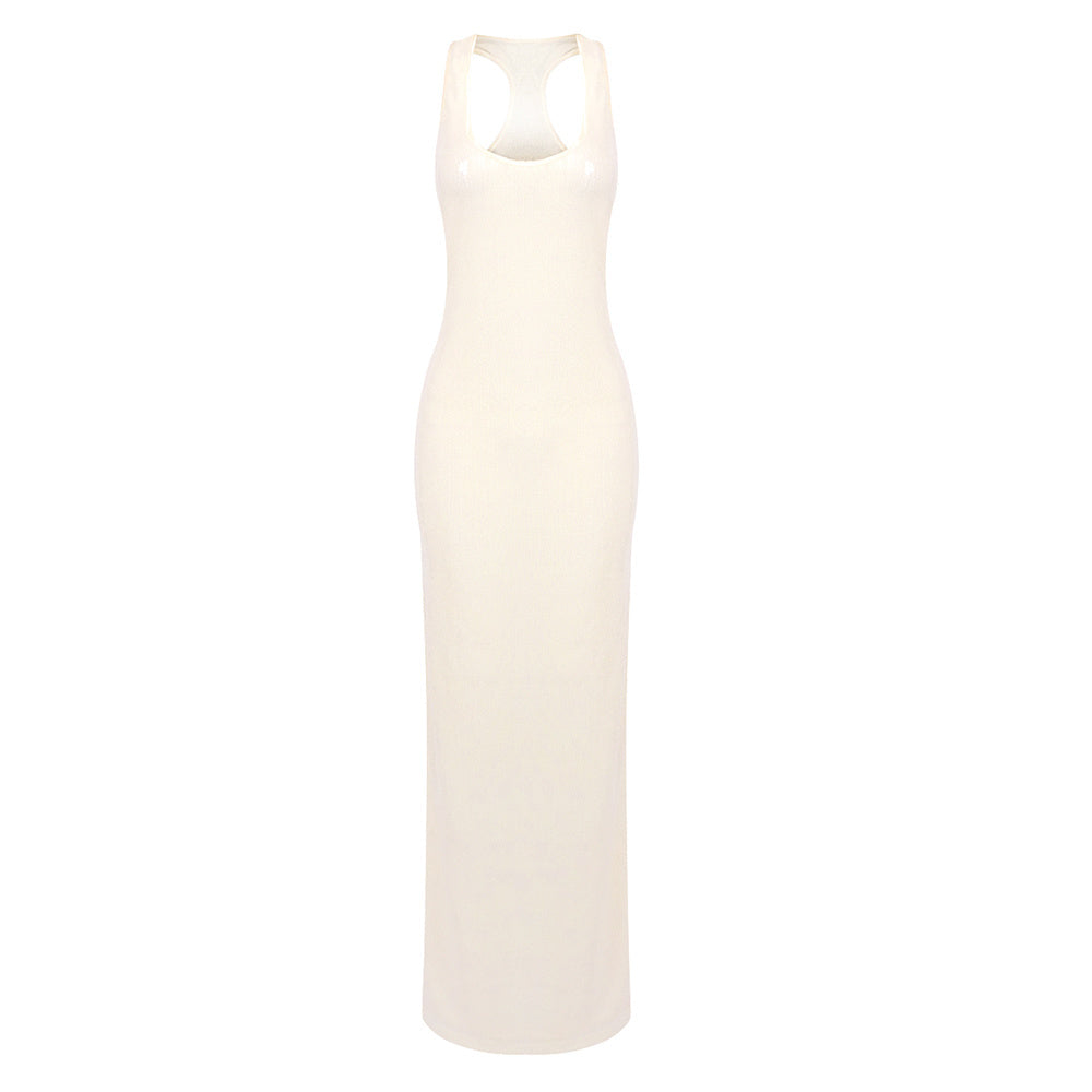 Champagne Sequin Halter Maxi Gown
