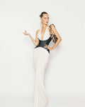 White Halter Deep V Denim Corset Draped Maxi Gown