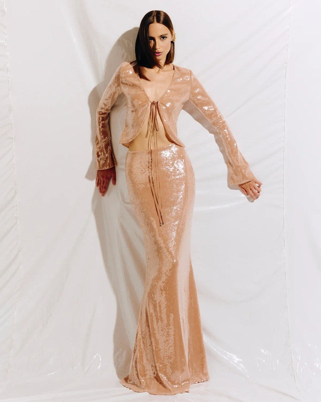 Luxury Bronze Sequin Tie-Front Two-Piece Mermaid Evening Set