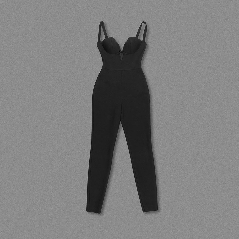 Black Structured Bustier Skinny Jumpsuit with Adjustable Straps