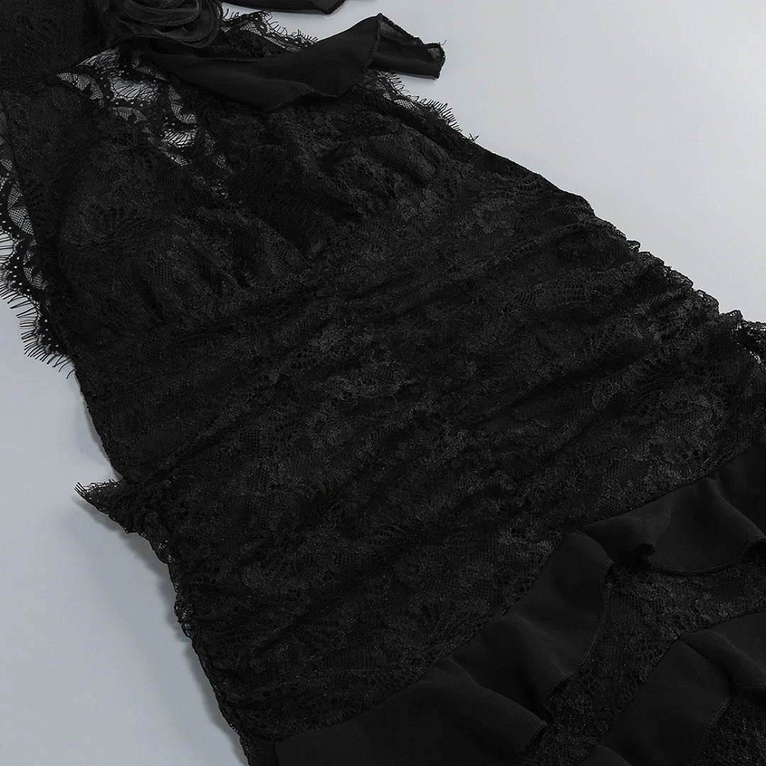 Black Satin A-line Evening Gown with Sweetheart Neckline & Crystals