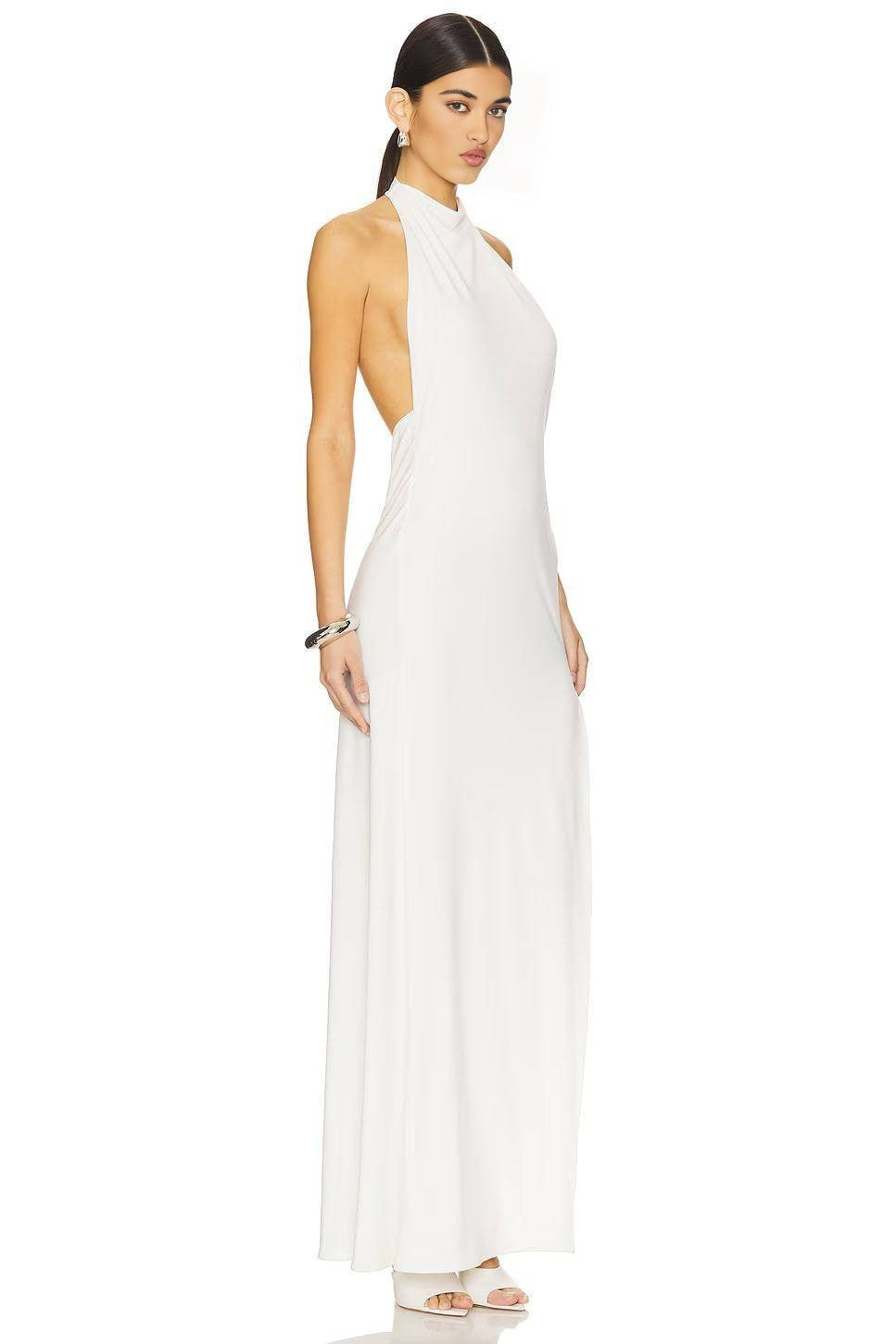 White Halter Backless Embellished Slit Maxi Gown