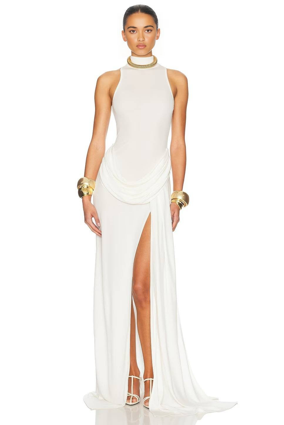White Halter Neck Draped Waist Train Gown