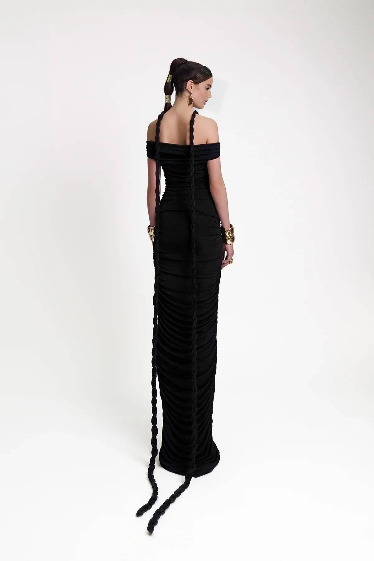 Black & White Off-Shoulder Braided Gowns