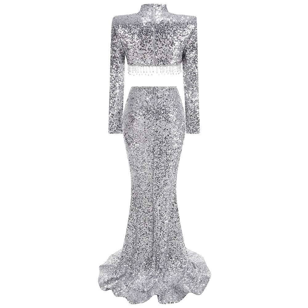 Silver Sequin Two-Piece Mermaid Gown