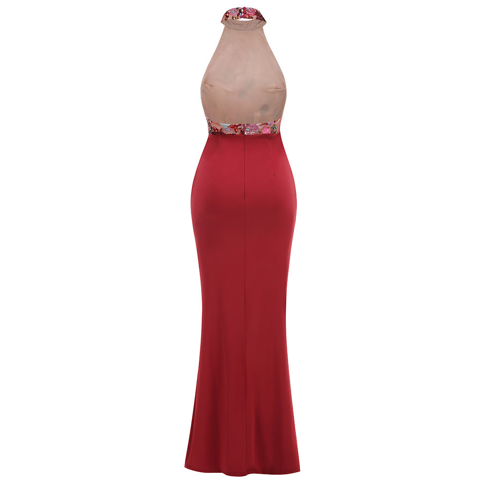 Teal/Pink/Red Halter Neck Floral Sequin Gown