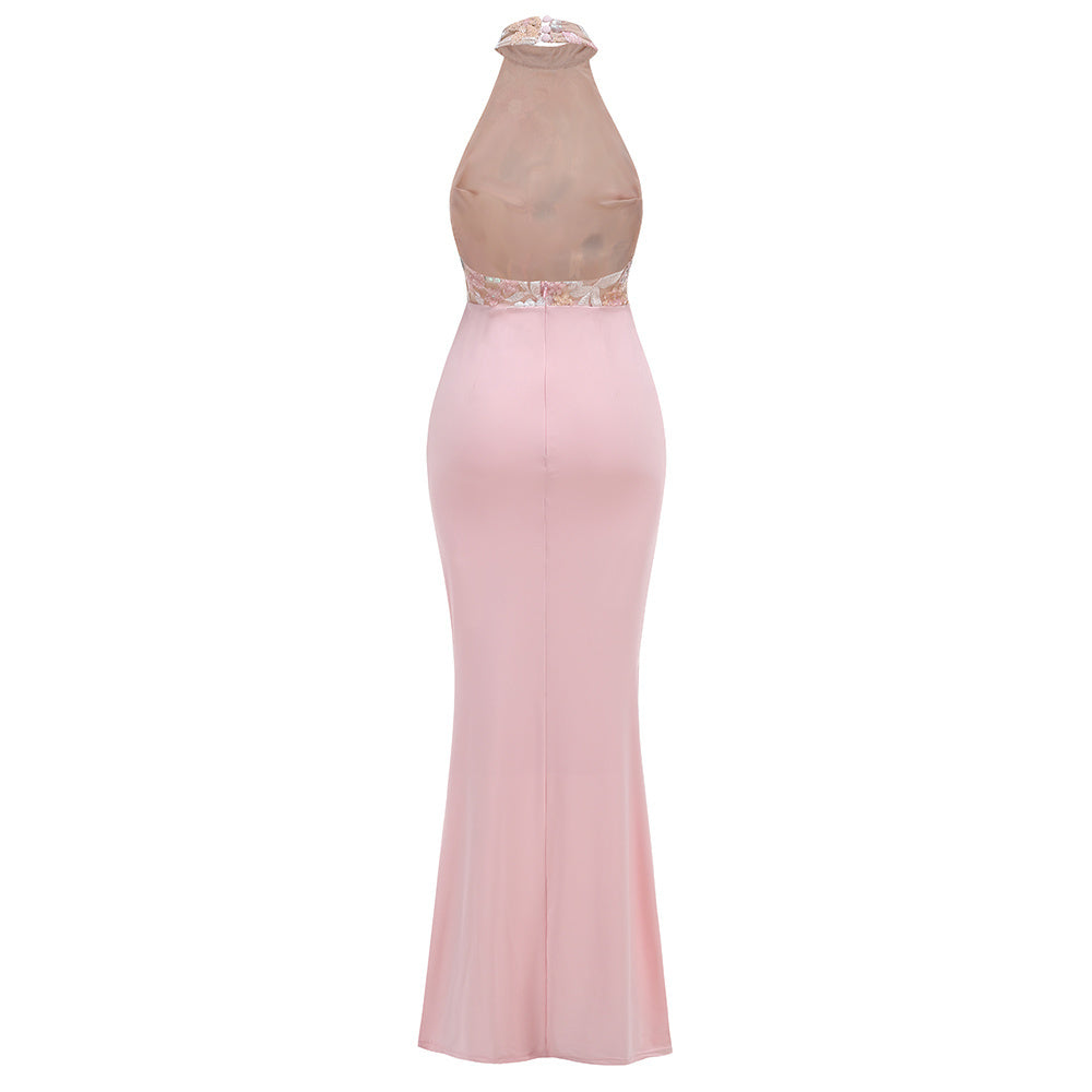 Teal/Pink/Red Halter Neck Floral Sequin Gown