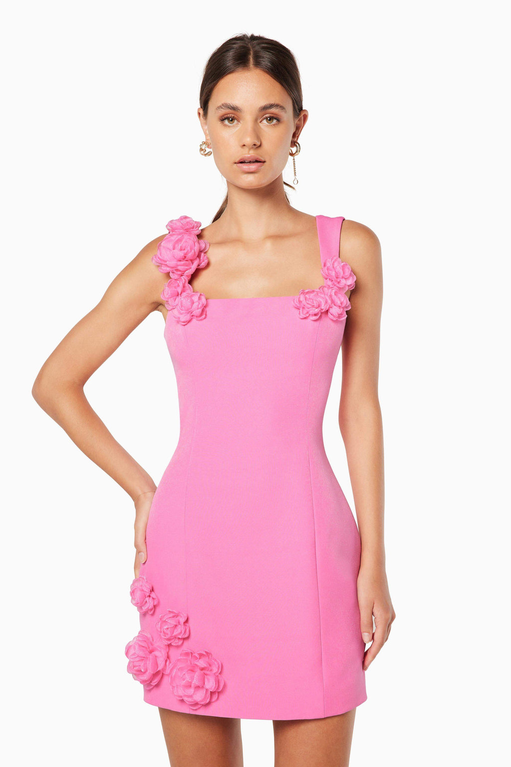 Pink 3D floral square-neck mini dress