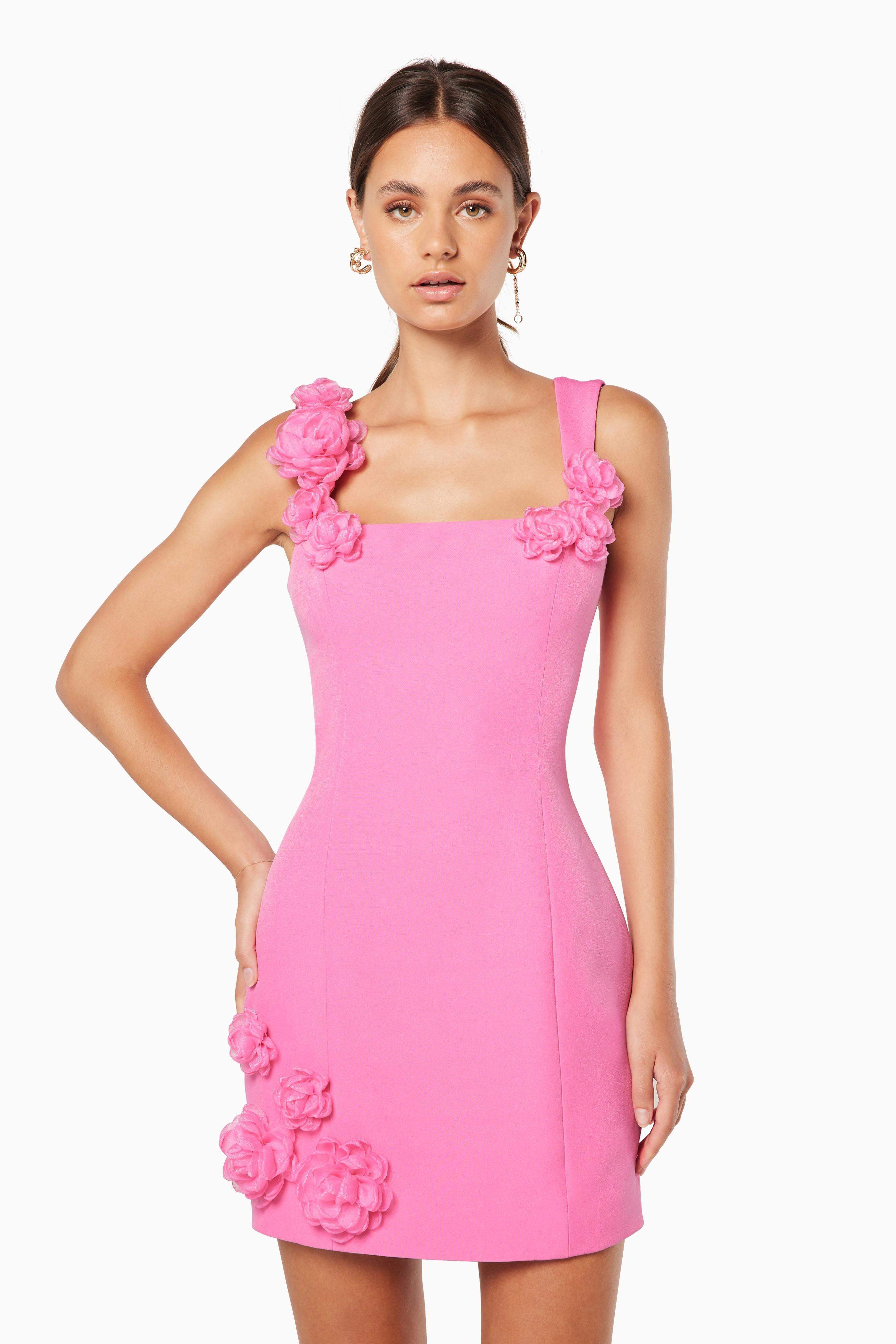 Pink 3D floral square-neck mini dress