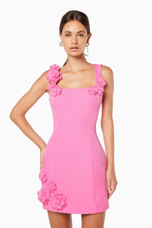 Pink 3D floral square-neck mini dress