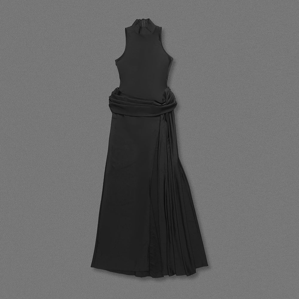 White Halter Neck Draped Waist Train Gown