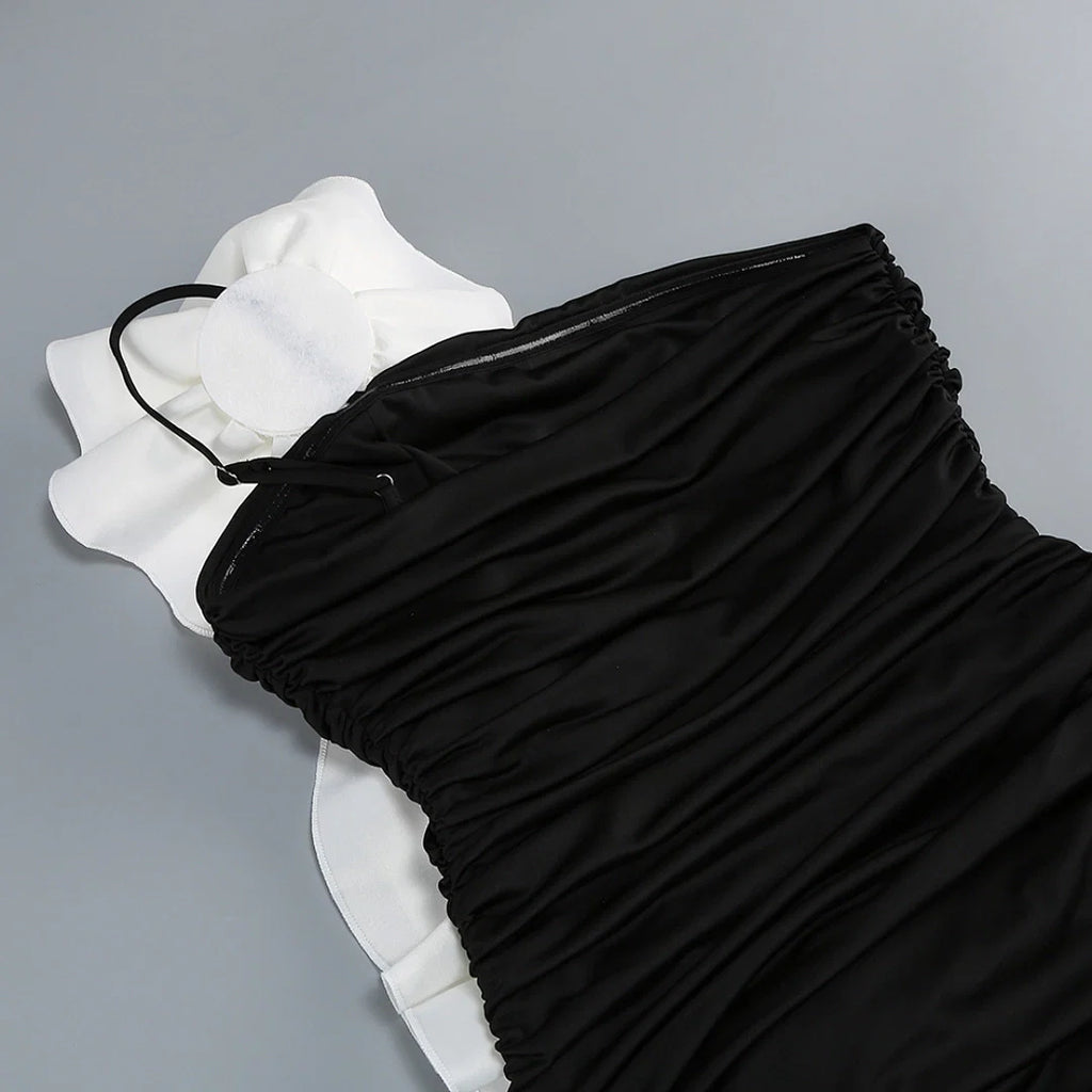 Black Satin A-Line Evening Gown with Sequin V-Neck & Chapel Train