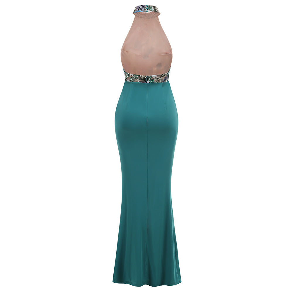 Teal/Pink/Red Halter Neck Floral Sequin Gown