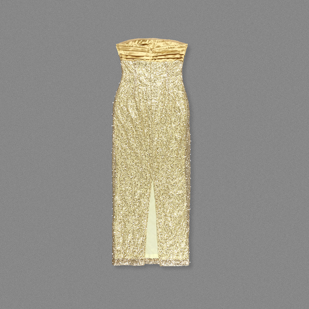 Glam Gold Sequin Strapless Gown: Slit Maxi Dress for Red Carpet & Gala
