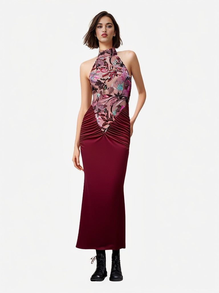 Teal/Pink/Red Halter Neck Floral Sequin Gown