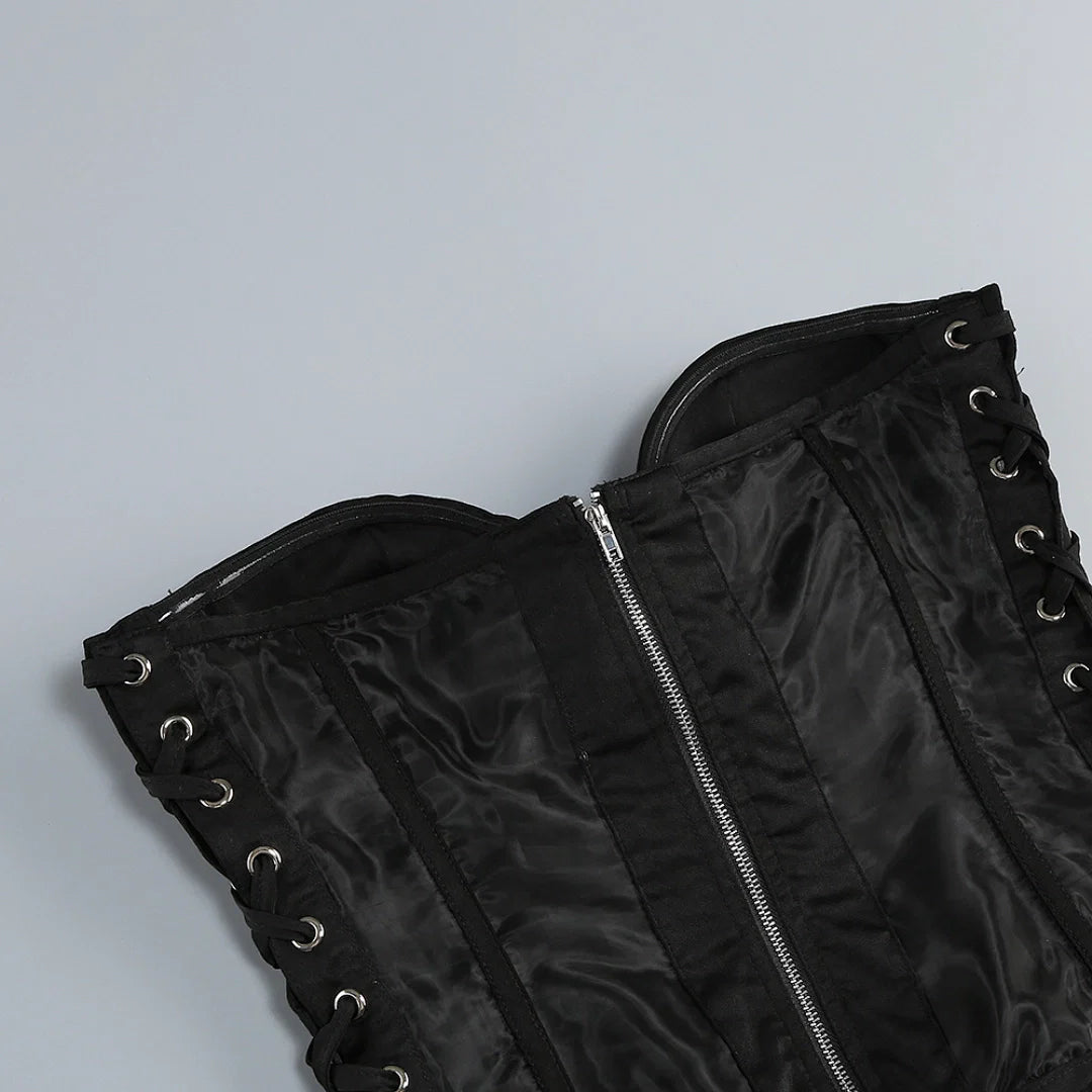 Luxury Black Strapless Corset Dress with Asymmetric Ruffle Skirt