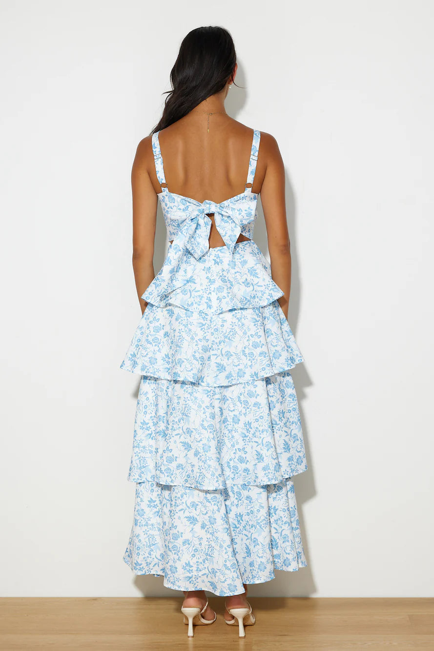 Energetic and fun printed maxi dress; a relaxed, vacation-style dress.