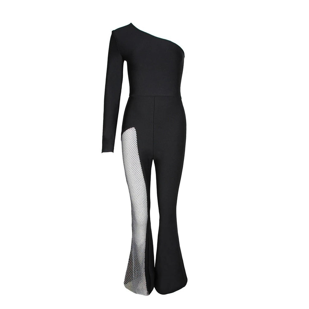 Luxury One-Shoulder Mesh Panel Flared Jumpsuit (Black/White/Red/Green)