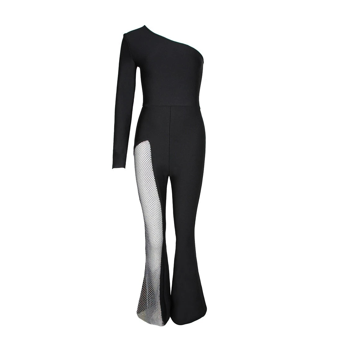 Luxury One-Shoulder Mesh Panel Flared Jumpsuit (Black/White/Red/Green)