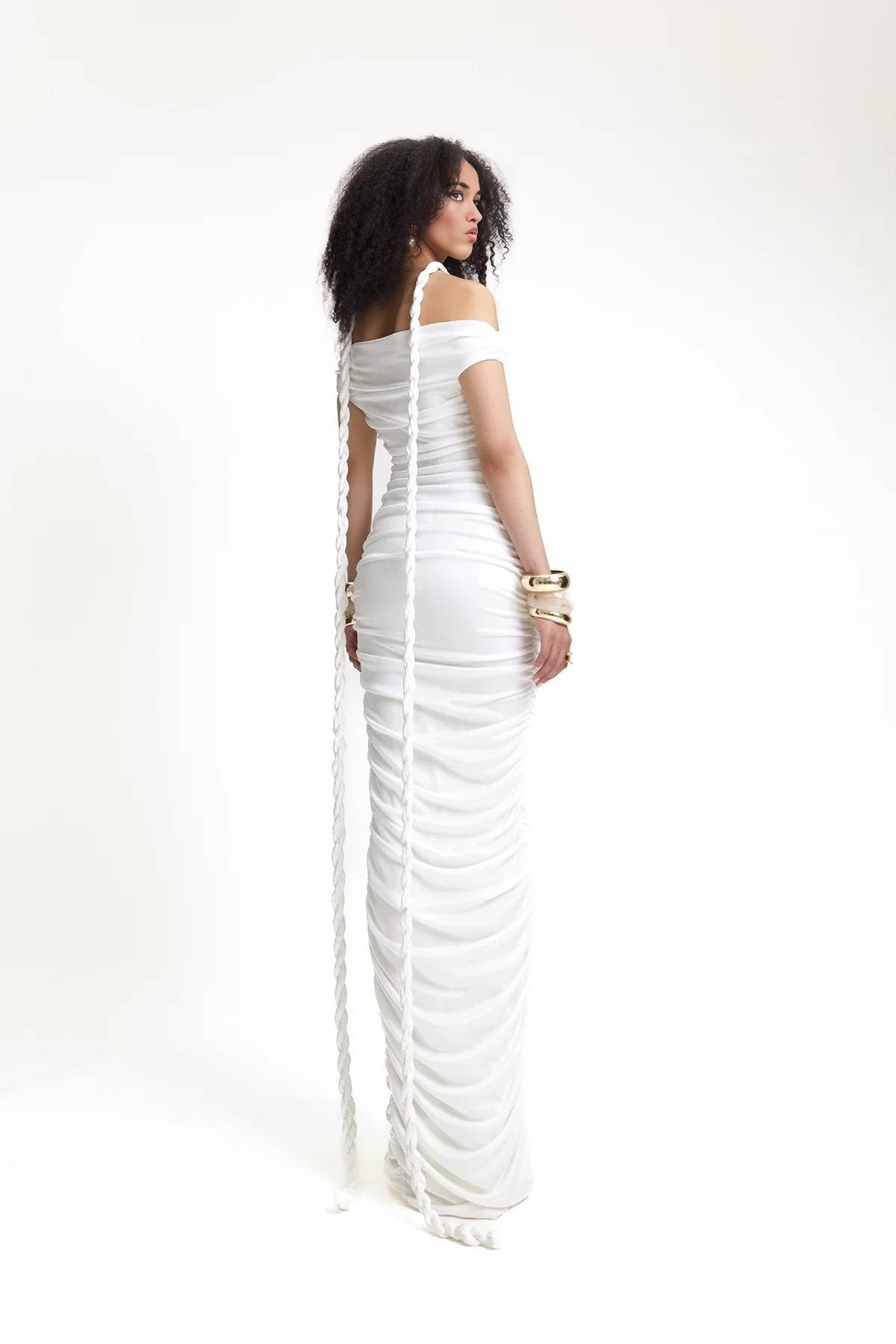 Black & White Off-Shoulder Braided Gowns