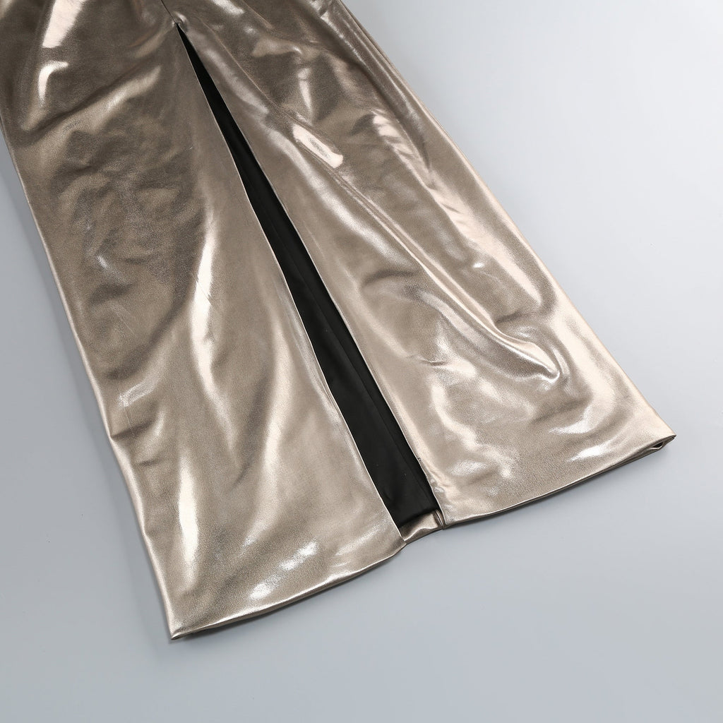 Metallic Champagne Gold Halter Backless Twist-Ruched Mermaid Gown