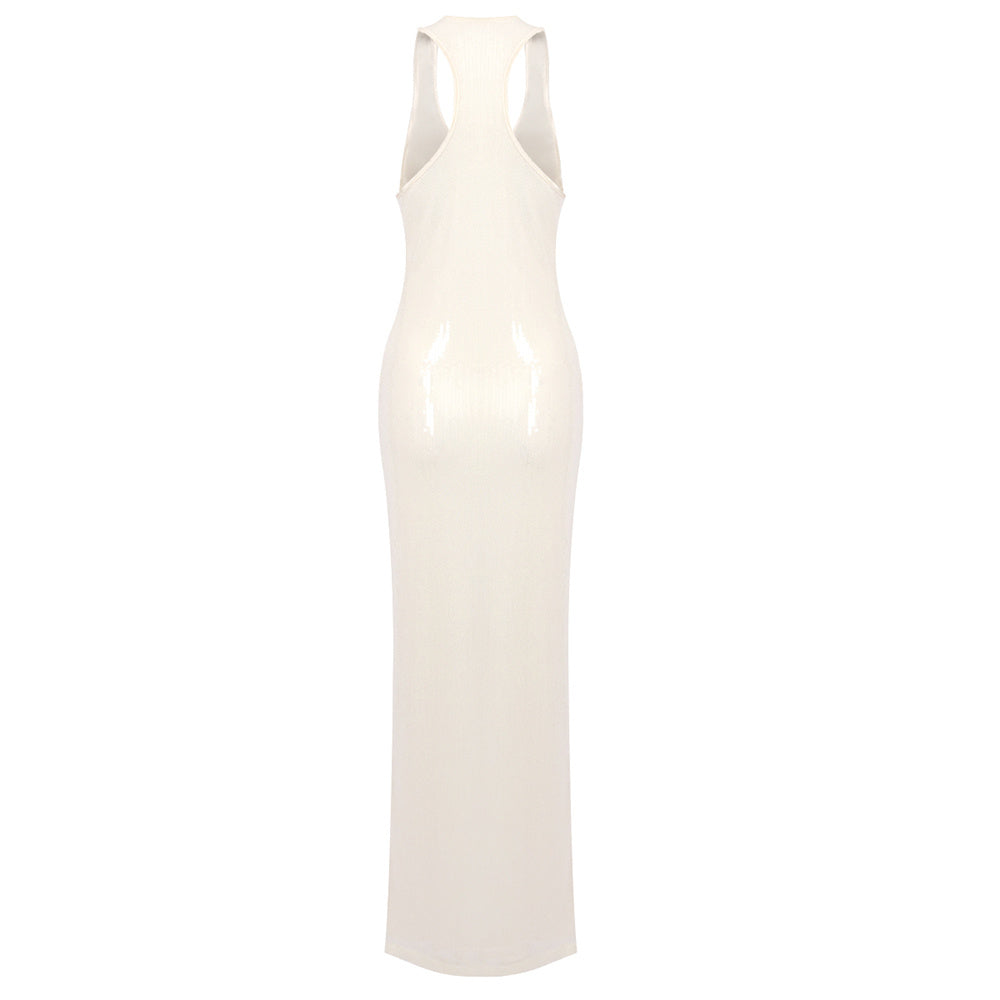 Champagne Sequin Halter Maxi Gown