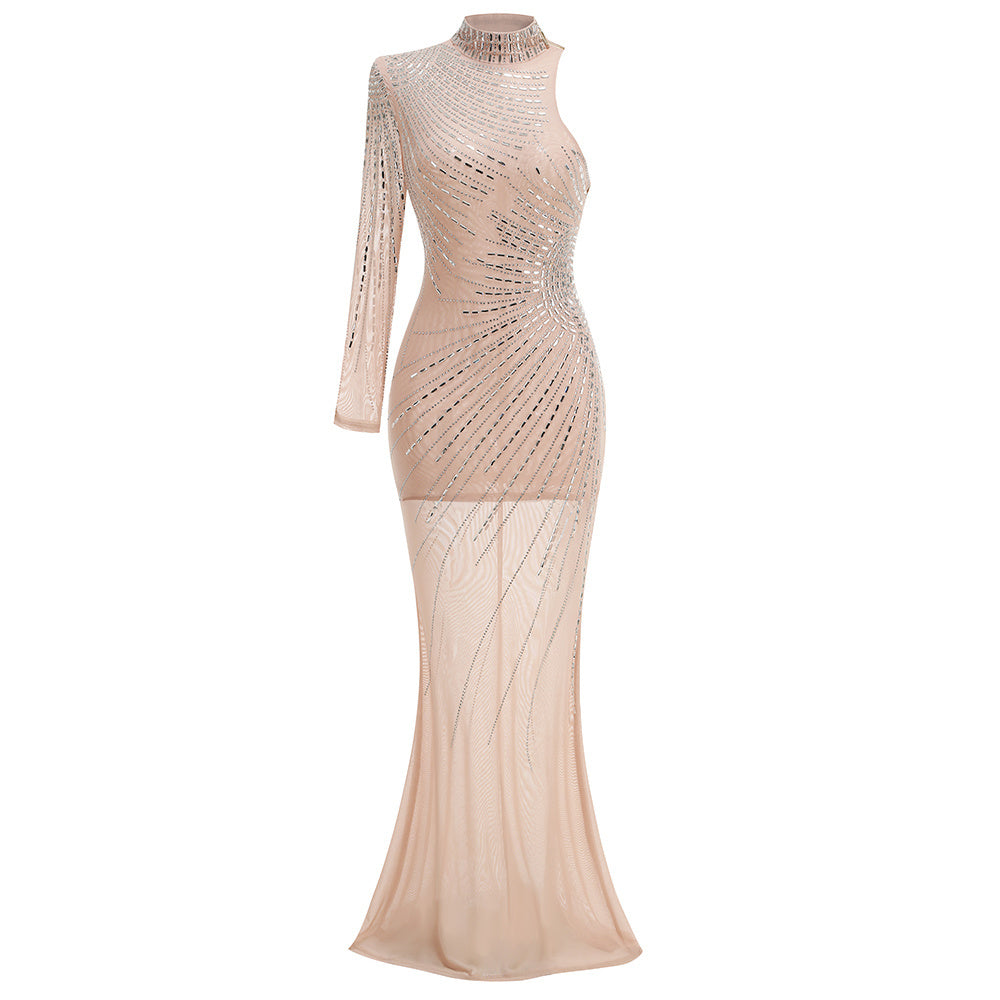 One-Shoulder High-Neck Sequin Mermaid Gown