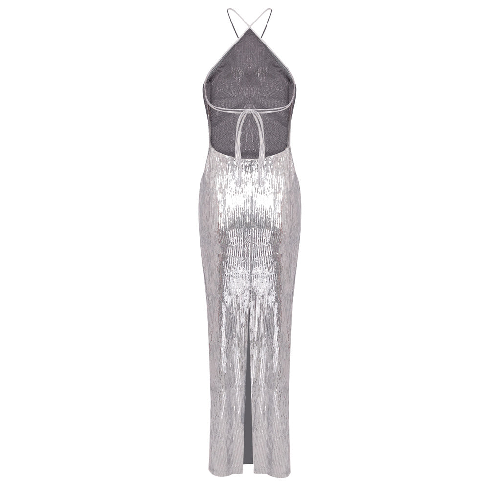 Silver Sequin Halter Gown