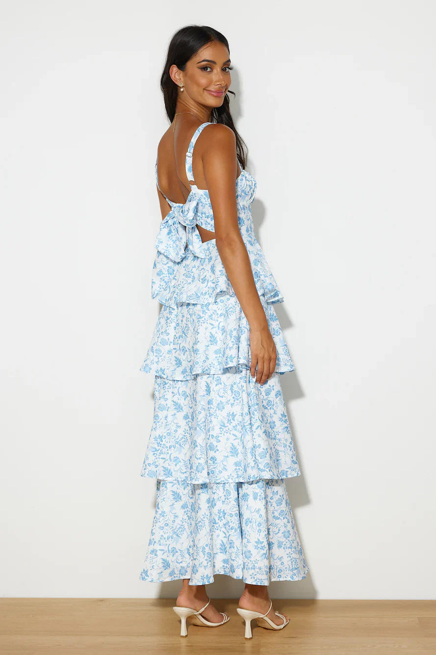 Energetic and fun printed maxi dress; a relaxed, vacation-style dress.