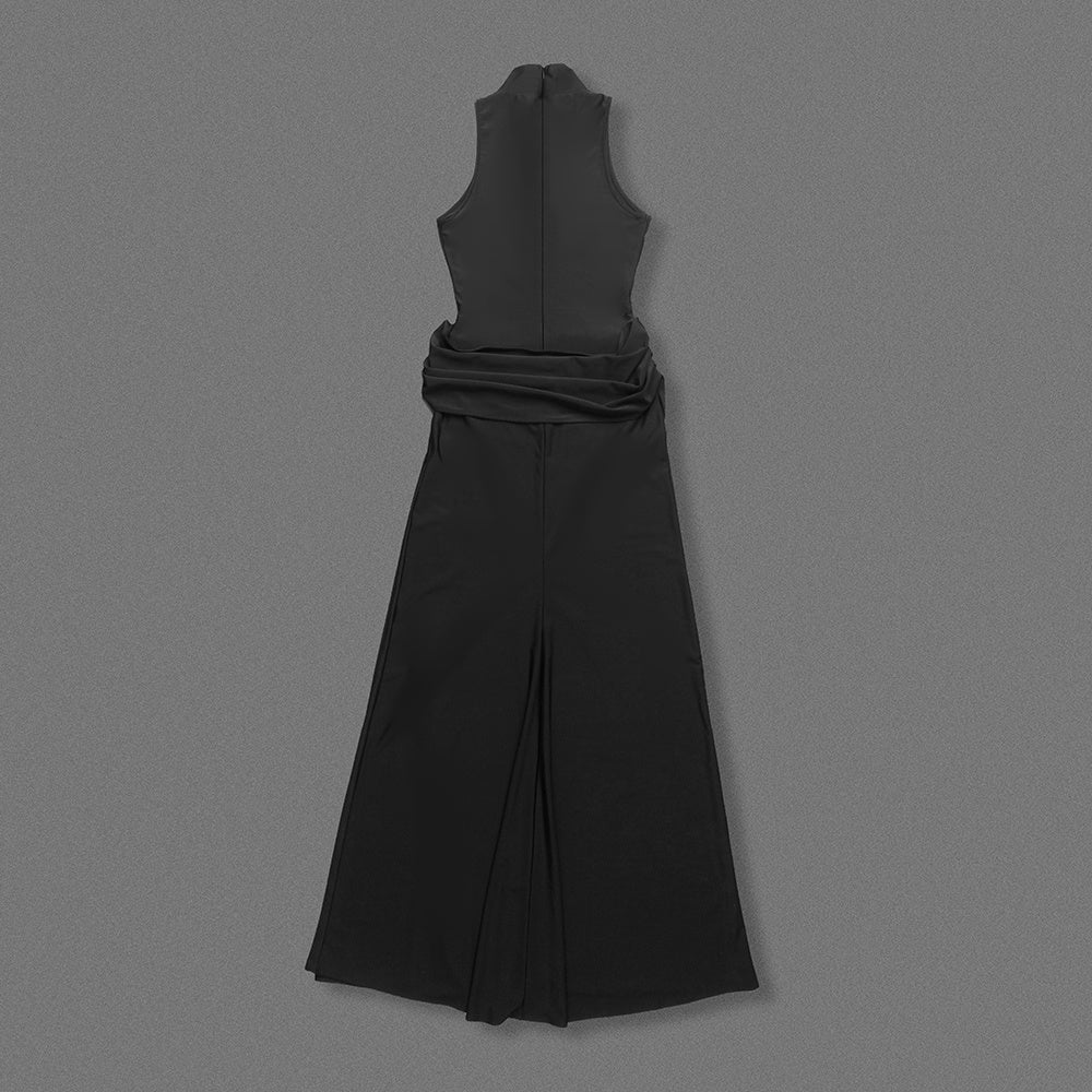 White Halter Neck Draped Waist Train Gown