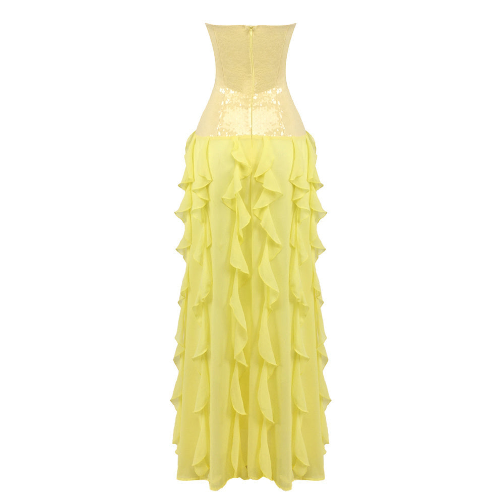 Lemon Drop Strapless Sequin Ruffle Gown